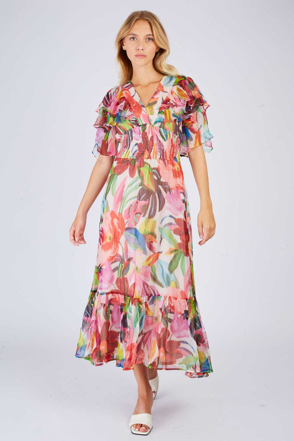 rene derhy Robe longue à volant imprimée PISTOIA