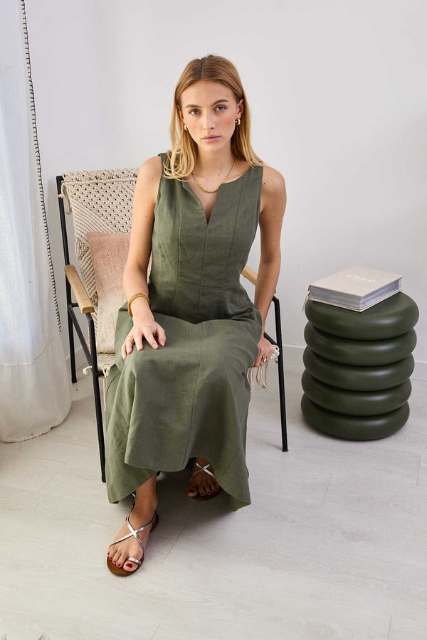 rene derhy Robe mi longue unie en lin CAMELEON