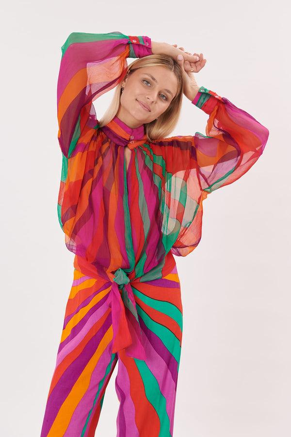 rene derhy Rock Blouse en chiffon imprimé manches longues et col Victorien