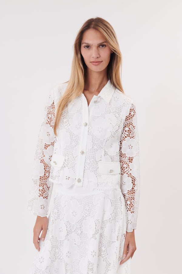 rene derhy Veste courte en dentelle fleurie manches ajourées YMANE