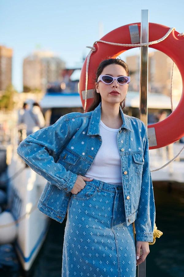 rene derhy Veste en jean avec miroirs et petits trous YOLITA