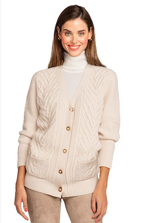 richard grand CARDIGAN LONG COL V EN CACHEMIRE ARAN. D-25016/41ML BLANC CASSE