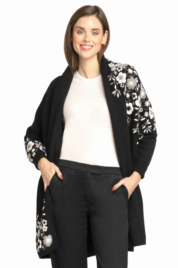 richard grand CARDIGAN LONG EN CACHEMIRE BRODÉ À FLEURS. D-25034/46ML CRÈME