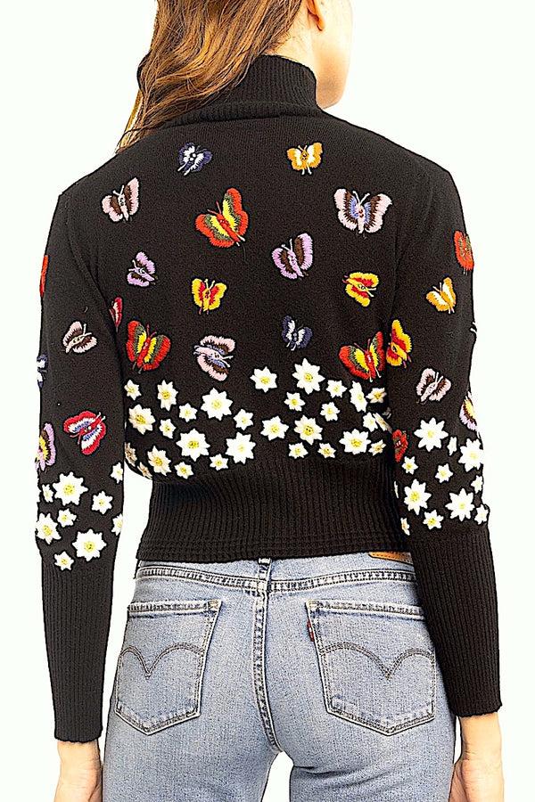 richard Grand CARDIGAN ZIPPÉ BRODÉ "FLEURS & PAPILLONS" 100% CACHEMIRE