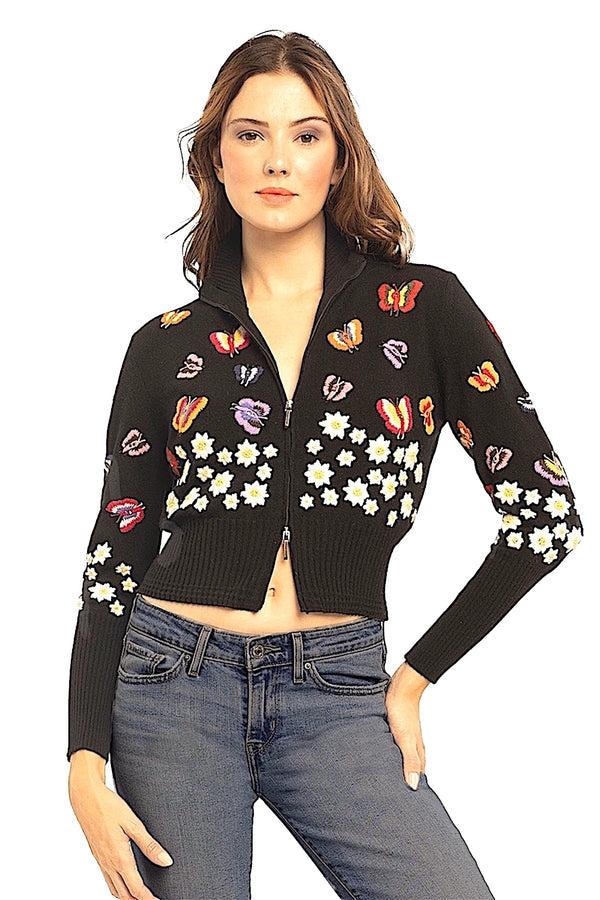 richard grand CARDIGAN ZIPPÉ BRODÉ "FLEURS & PAPILLONS" 100% CACHEMIRE