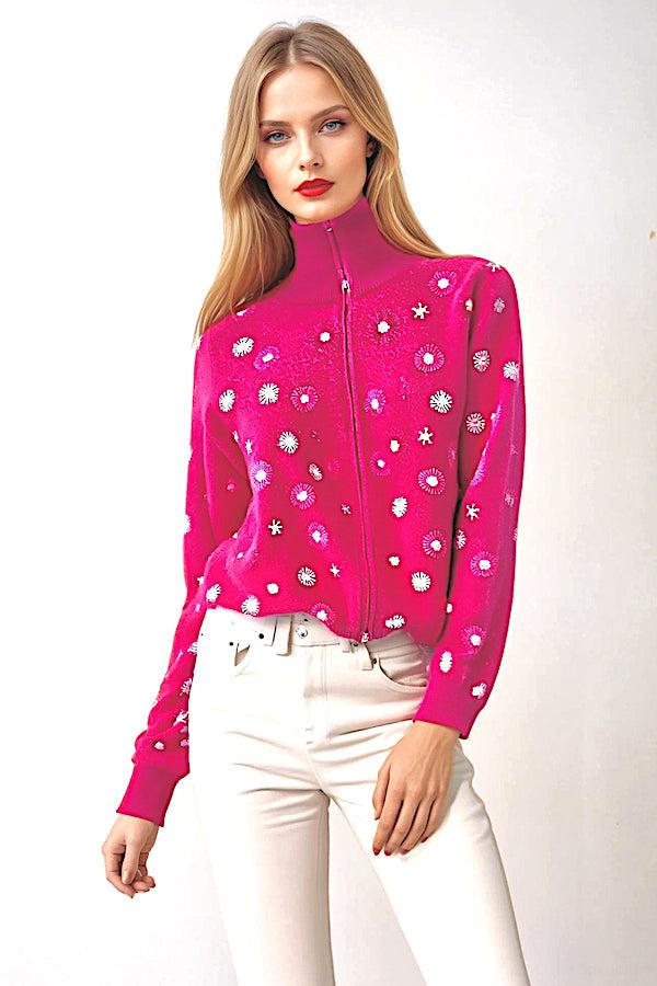 richard grand CARDIGAN ZIPPÉ FEMME EN CACHEMIRE À BRODERIES FLORALES. D-25027/43ML