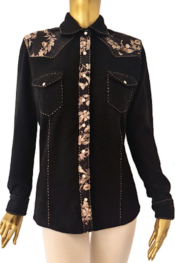 Richard Grand CHEMISE À PRESSION EN CACHEMIRE SURPIQUÉE AVEC SOIE IMPRIMÉE. D-25520/70ML NOIR