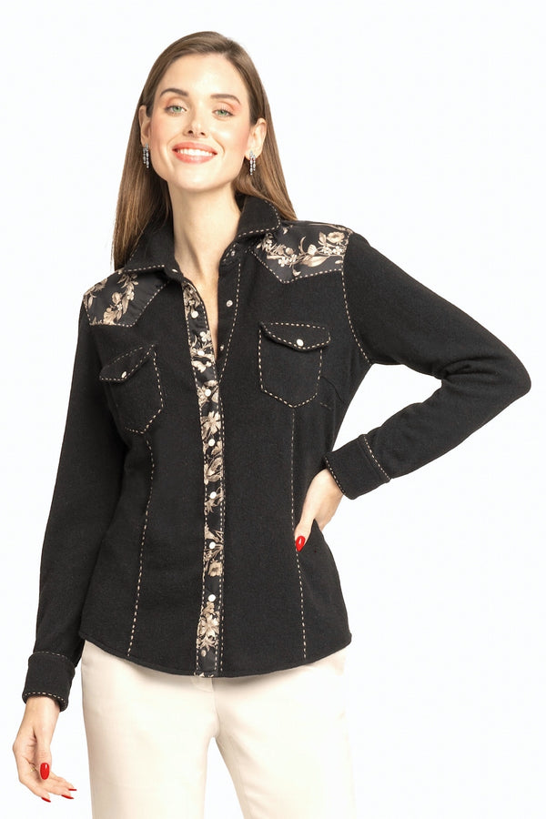 richard grand CHEMISE À PRESSION EN CACHEMIRE SURPIQUÉE AVEC SOIE IMPRIMÉE. D-25520/70ML NOIR