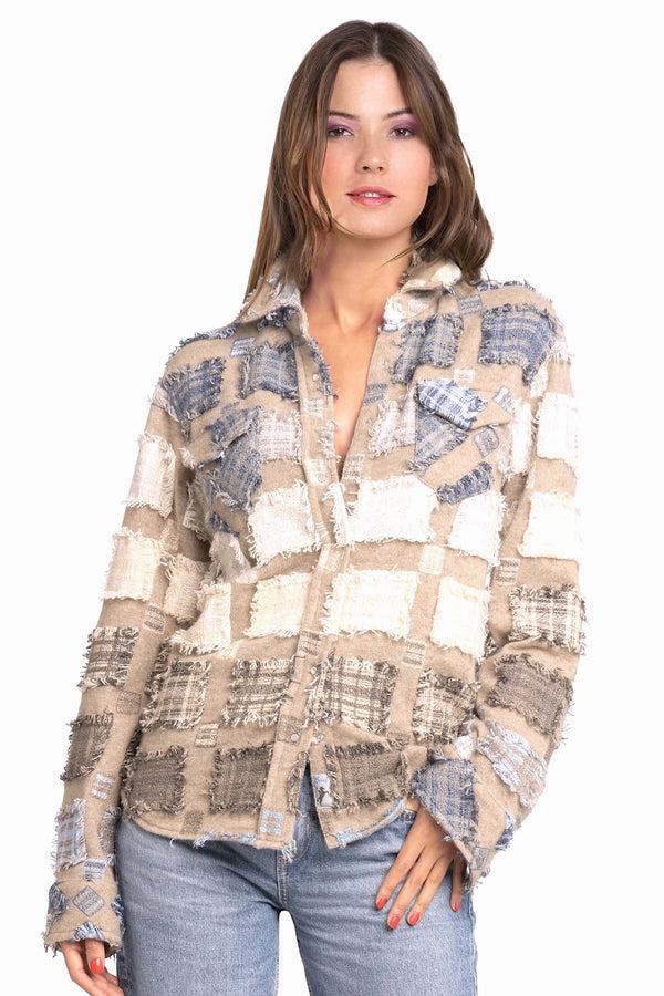 Richard Grand CHEMISE À PRESSION EN PATCHWORK BRODÉ 100 % CACHEMIRE. D-25045/70ML TAUPE