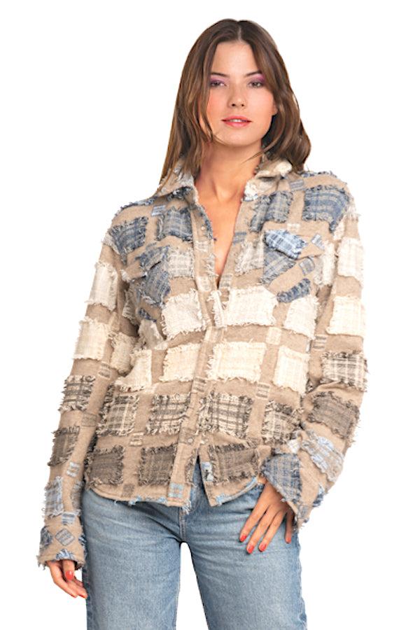 richard grand CHEMISE À PRESSION EN PATCHWORK BRODÉ 100 % CACHEMIRE. D-25045/70ML TAUPE