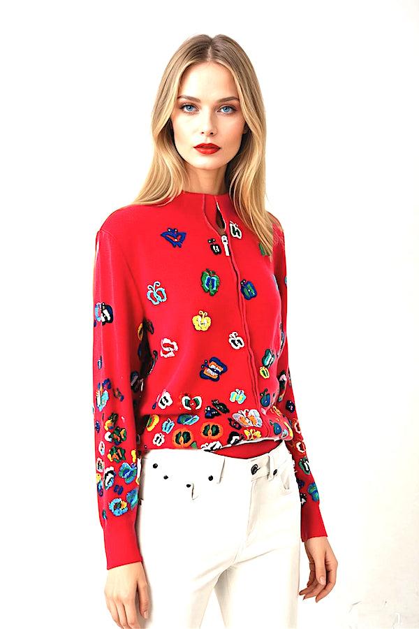 richard grand PULL À FERMETURE ÉCLAIR EN CACHEMIRE À FLEURS ET PAPILLONS. D-22052/43ML ROUGE CORAIL