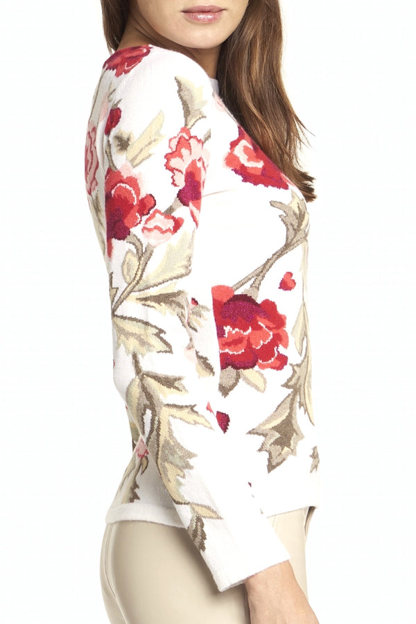 Richard Grand PULL COL BATEAU EN CACHEMIRE INTARSIA FLEURI. D-2036/22ML BLANC