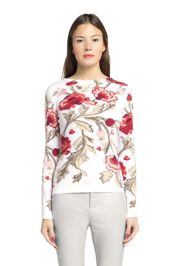 richard grand PULL COL BATEAU EN CACHEMIRE INTARSIA FLEURI. D-2036/22ML BLANC