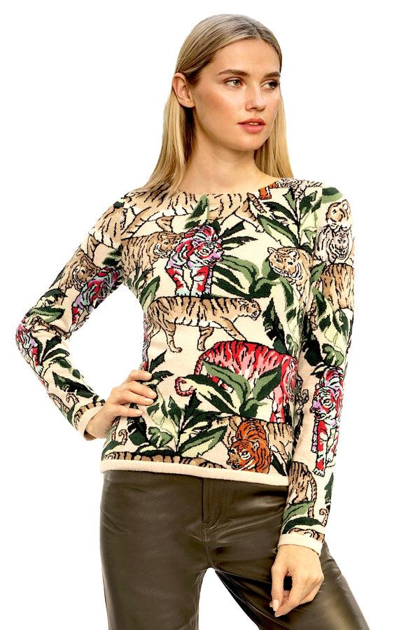 richard grand PULL COL BATEAU "TIGRES & JUNGLE" INTARSIA 100% CACHEMIRE
