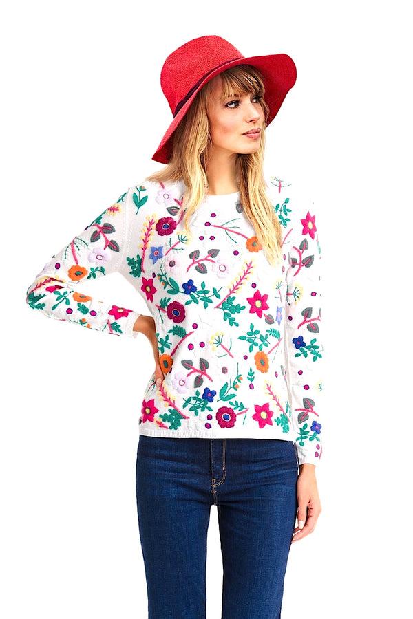 richard grand RAS DU COU EN CACHEMIRE BRODÉ. 19549/20ML BLANC