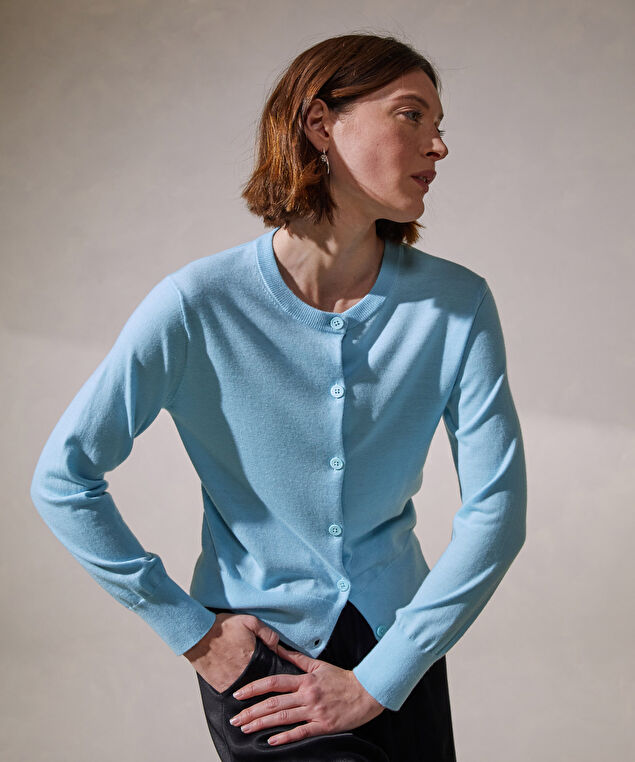 Rodier Cardigan Manches Longues En Cachemire Fin Bleu Ciel