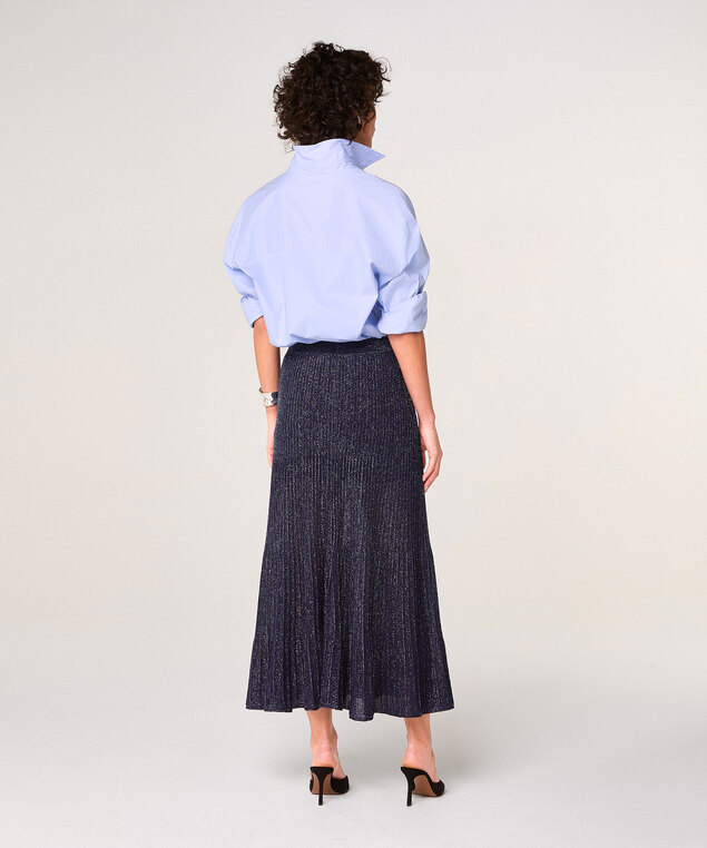 Rodier Jupe Plissée Longue En Maille Lurex Bleu Marine
