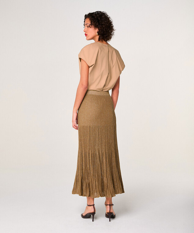 Rodier Jupe Plissée Longue En Maille Lurex Marron Moka