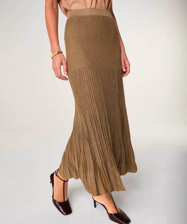 Rodier Jupe Plissée Longue En Maille Lurex Marron Moka