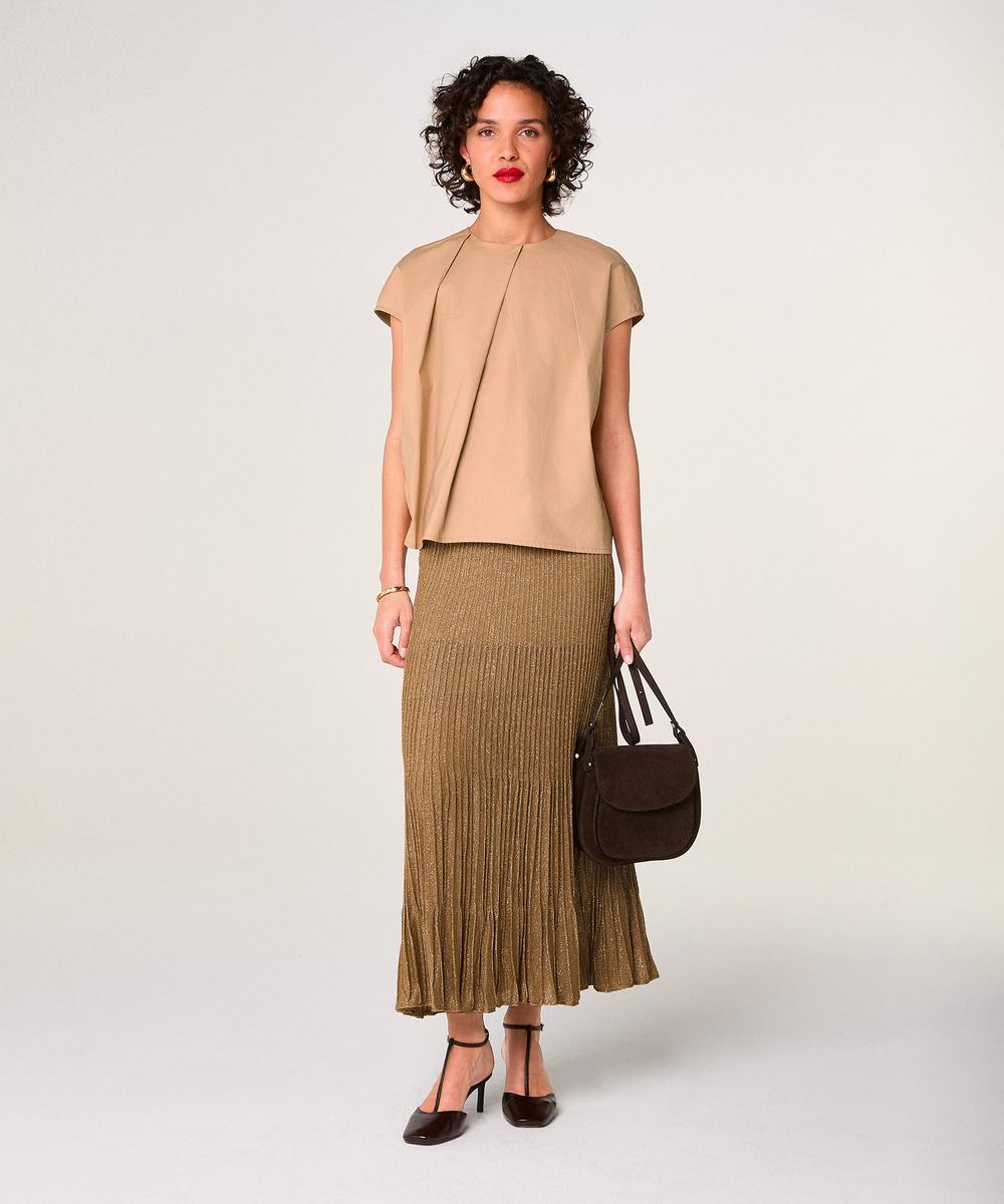 rodier Jupe plissée longue en maille lurex marron moka