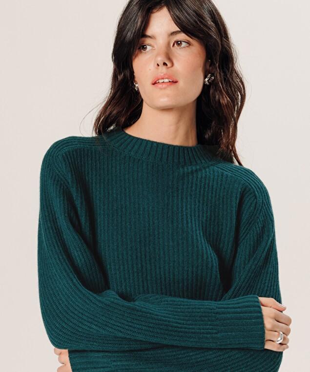 Rodier Pull Col Rond Côtelé En Cachemire Vert Canard