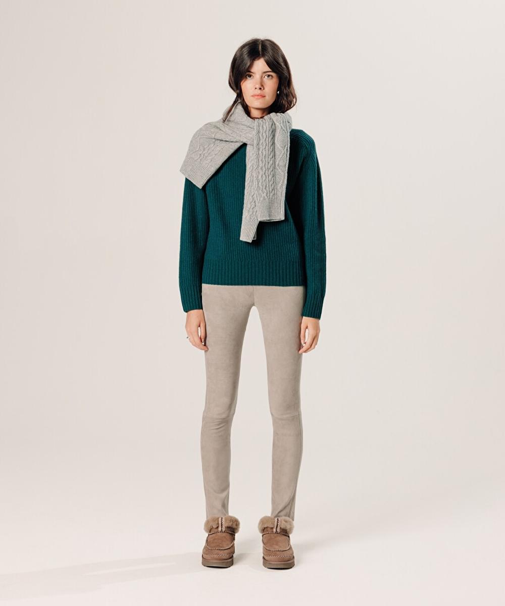 rodier Pull col rond côtelé en cachemire vert canard