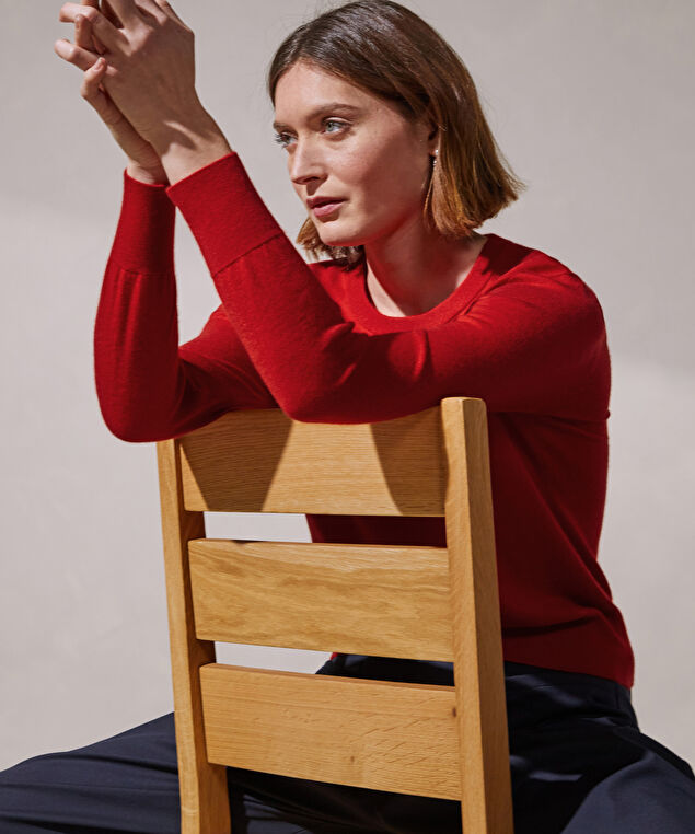 Rodier Pull Col Rond Manches Longues En Cachemire Fin Rouge