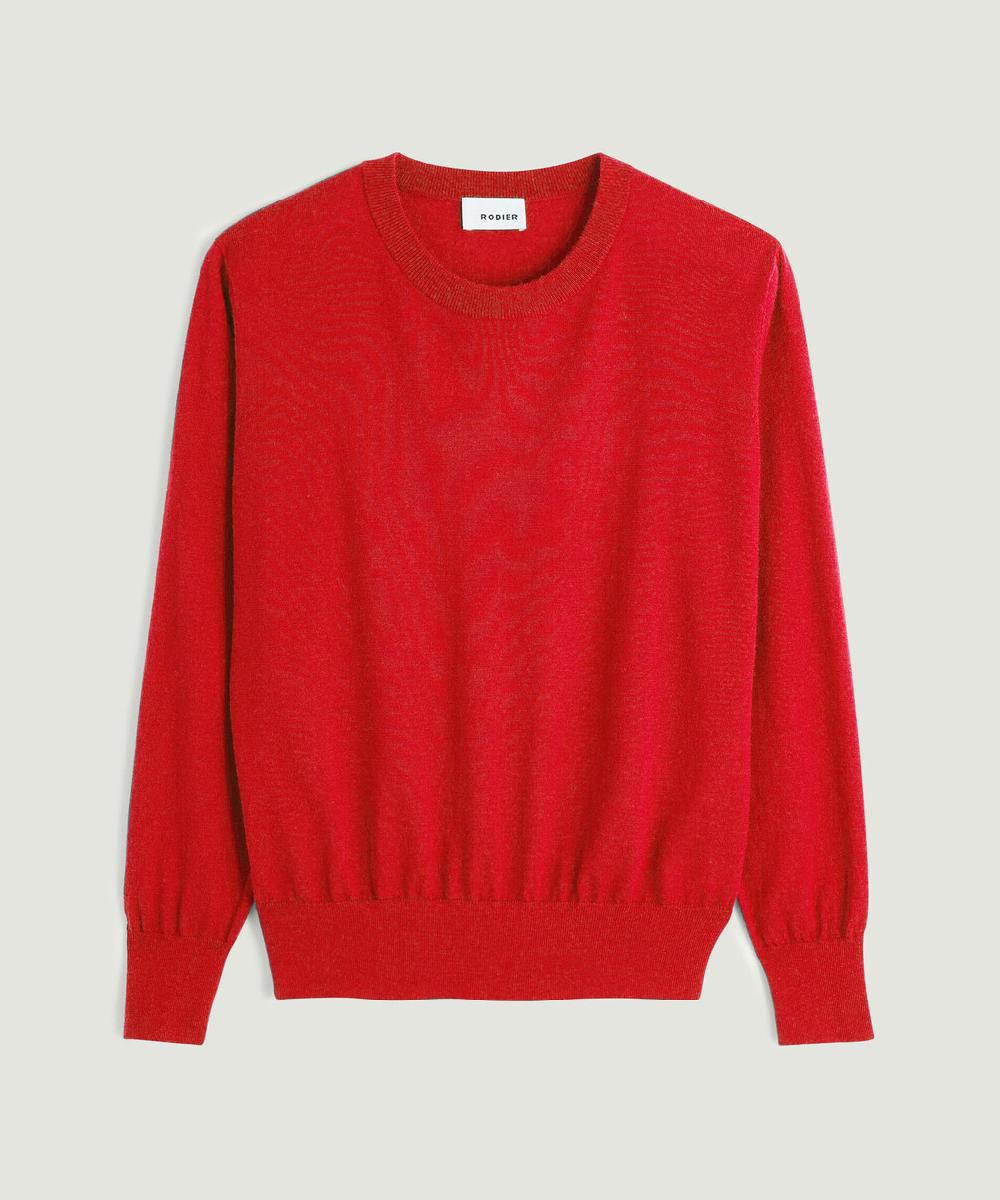 rodier Pull col rond manches longues en cachemire fin rouge