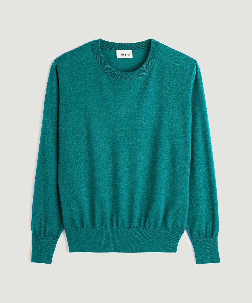 rodier Pull col rond manches longues en cachemire fin vert foncé