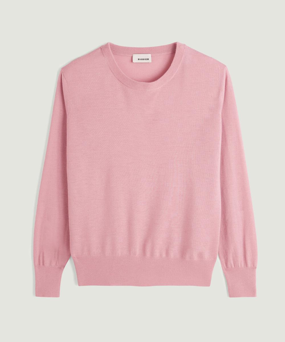 rodier Pull col rond manches longues en cachemire rose poudré