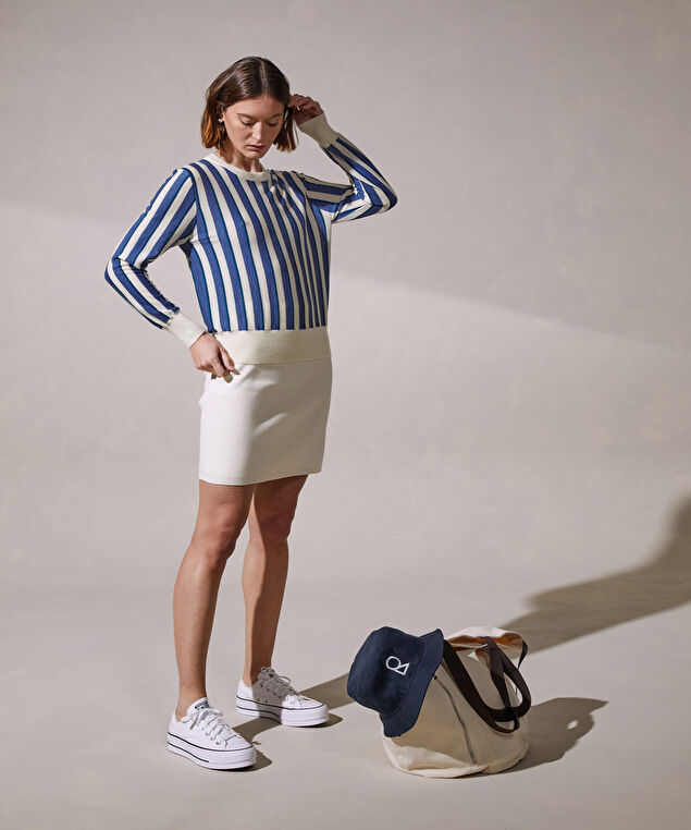 Rodier Pull Col Rond Manches Longues Rayé En Cachemire Blanc Crème