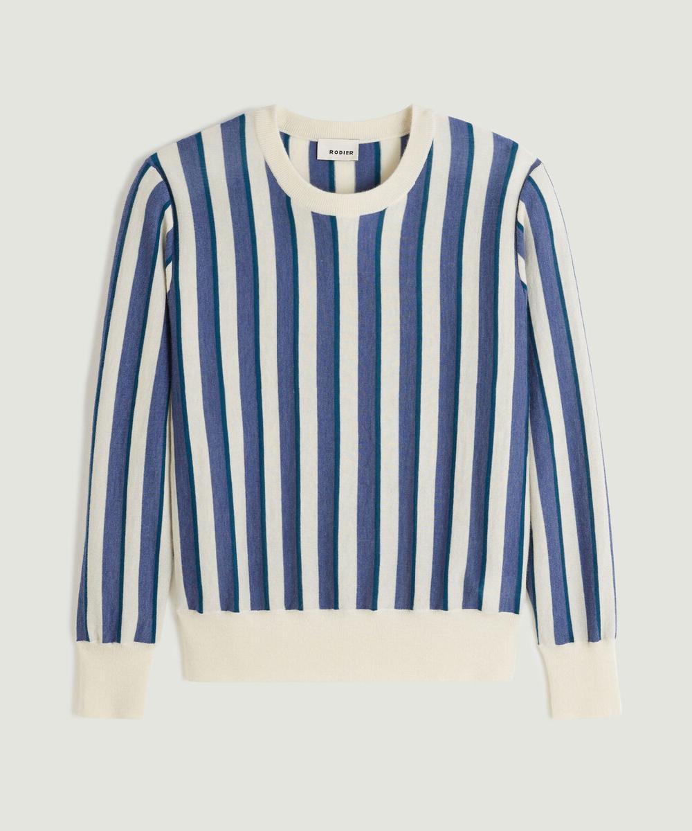 rodier Pull col rond manches longues rayé en cachemire blanc crème