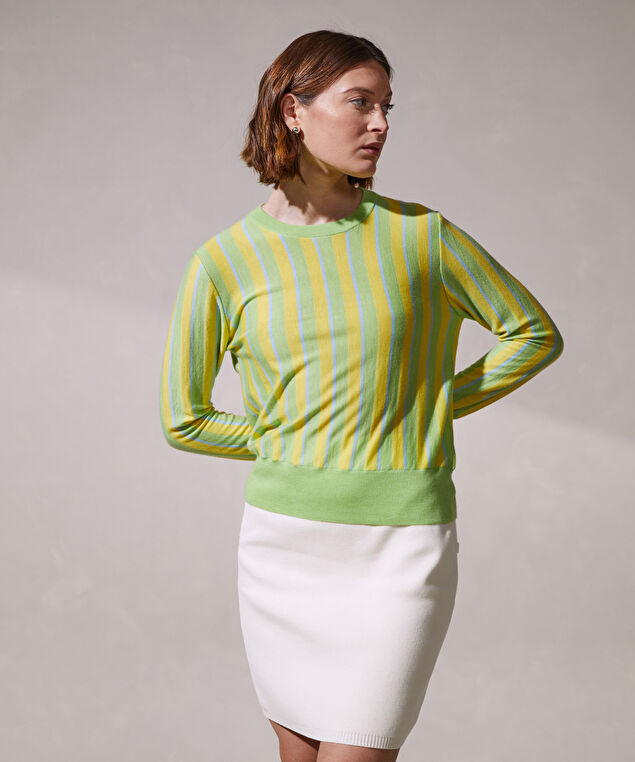 Rodier Pull Col Rond Manches Longues Rayé En Cachemire Vert Pâle