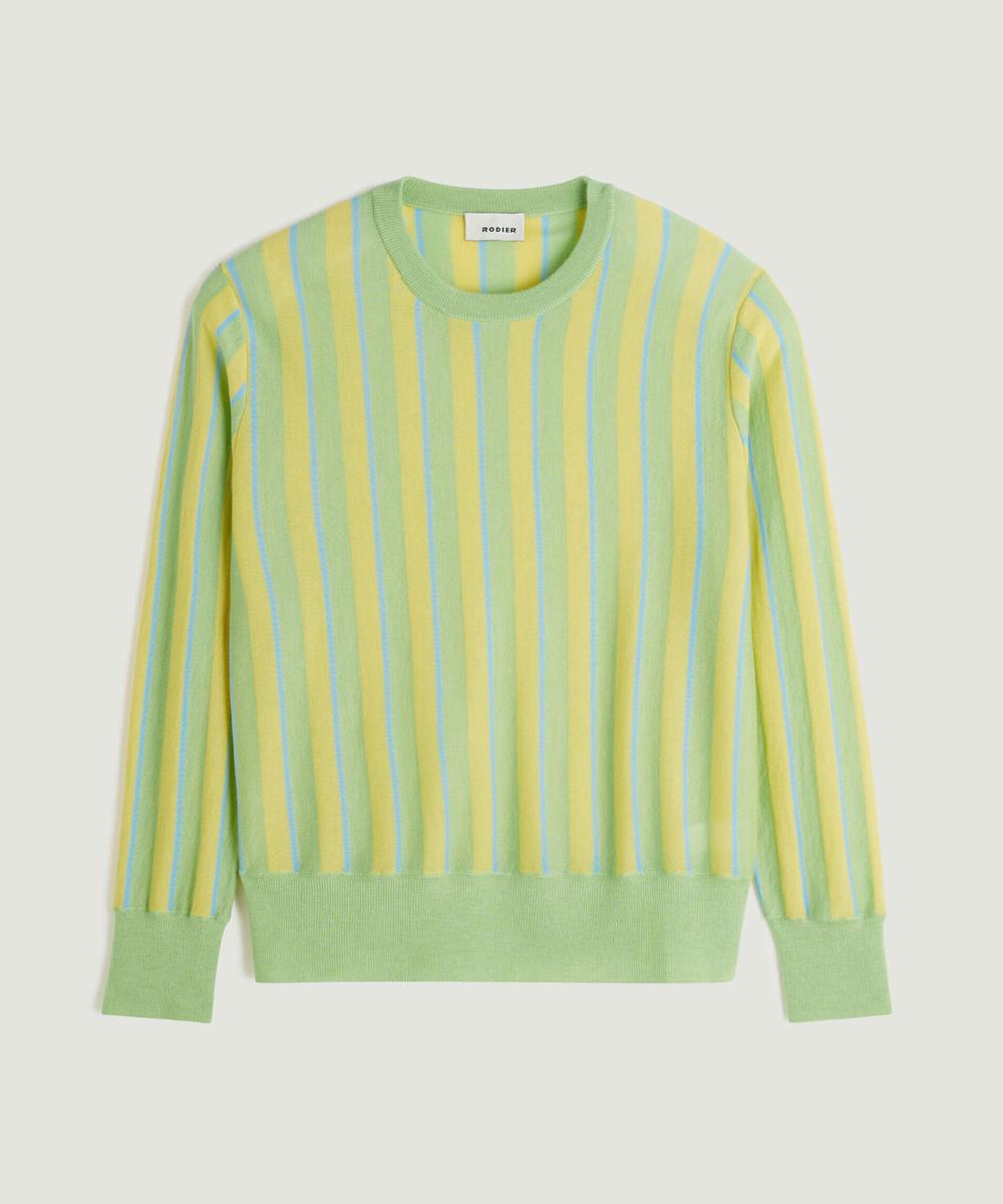 rodier Pull col rond manches longues rayé en cachemire vert pâle