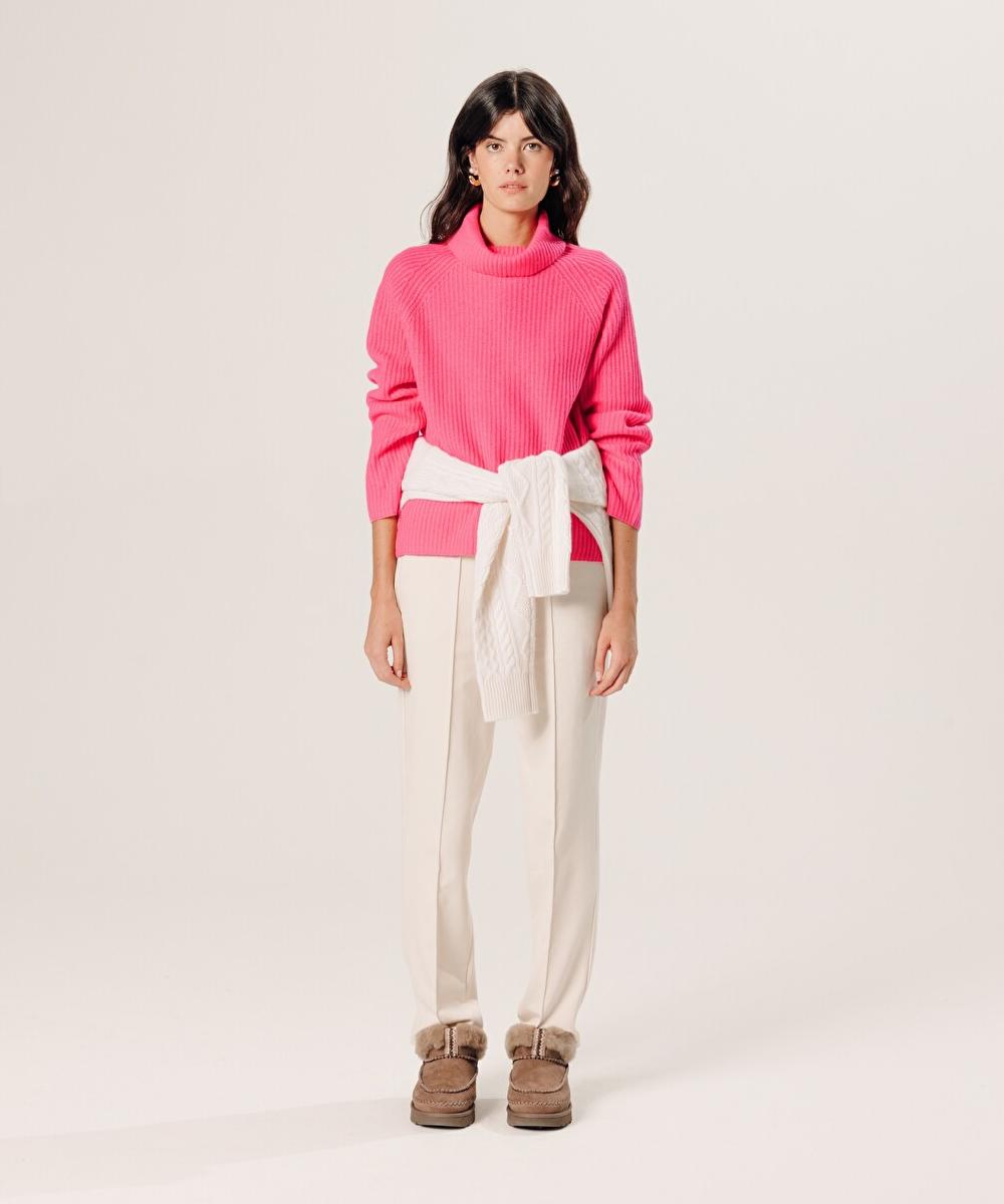 rodier Pull col roulé côtelé en cachemire orange corail