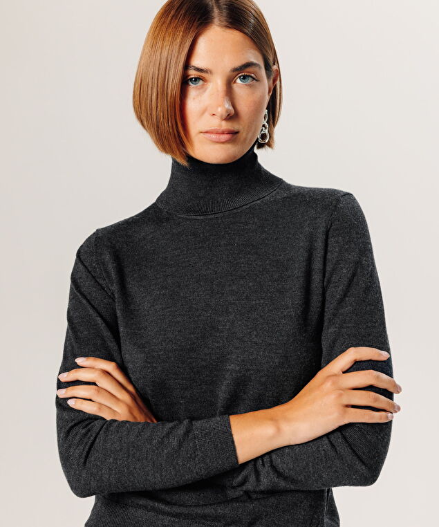 Rodier Pull Col Roulé En Laine Mérinos Gris Anthracite