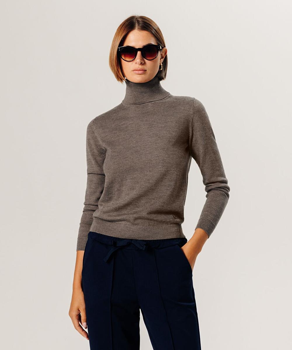 rodier Pull col roulé en laine mérinos marron taupe