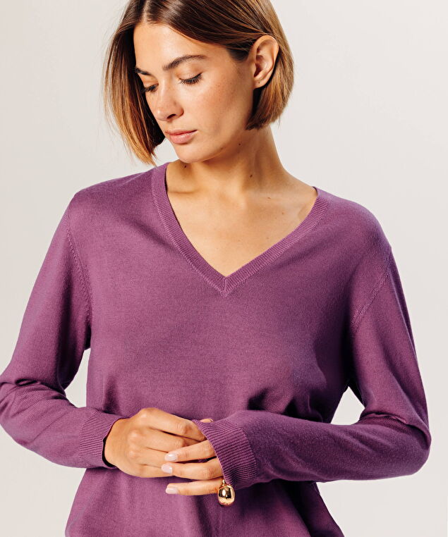 Rodier Pull Col V En Laine Mérinos Violet Parme Clair