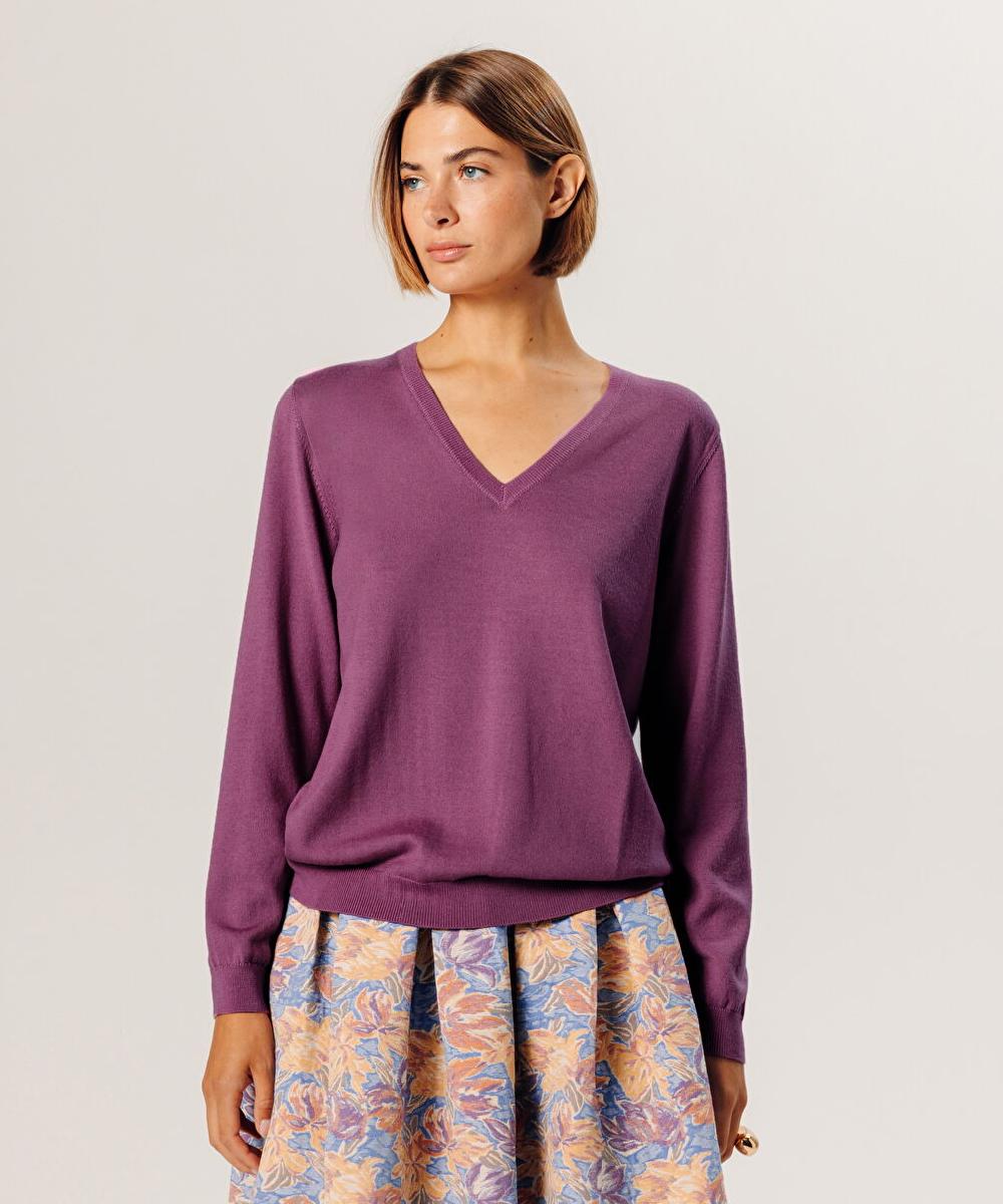 rodier Pull col V en laine mérinos violet parme clair