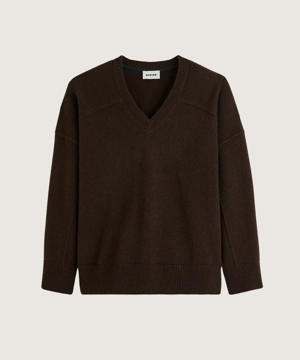 rodier Pull col V oversize en cachemire 4 fils marron café