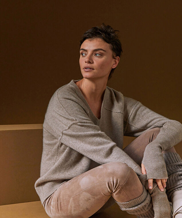 Rodier Pull Col V Oversize En Cachemire 4 Fils Marron Taupe