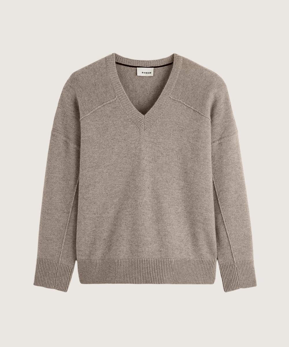 rodier Pull col V oversize en cachemire 4 fils marron taupe