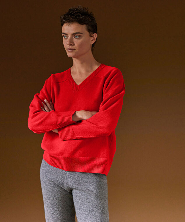 Rodier Pull Col V Oversize En Cachemire 4 Fils Orange Corail