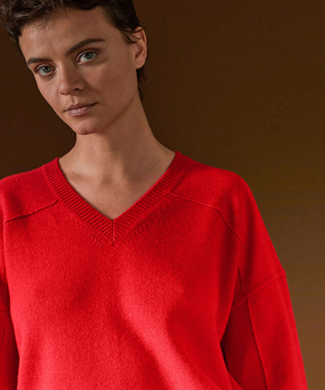 Rodier Pull Col V Oversize En Cachemire 4 Fils Orange Corail