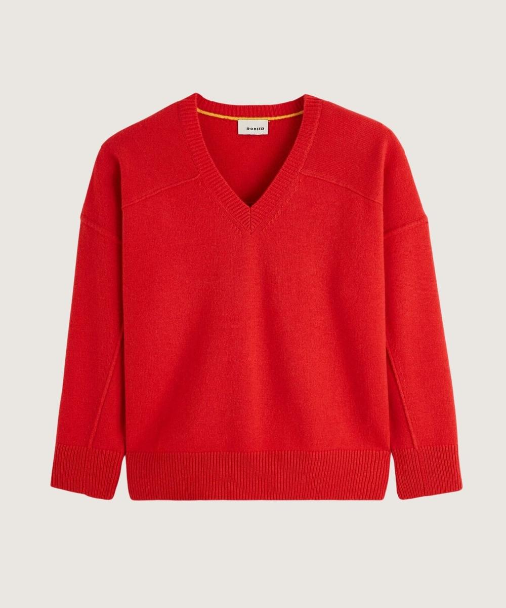 rodier Pull col V oversize en cachemire 4 fils orange corail