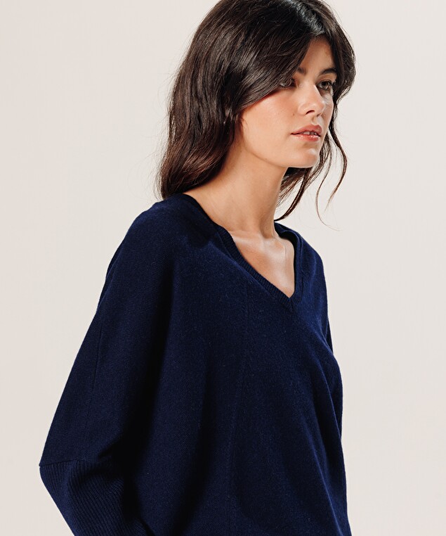 Rodier Pull Col V Oversize En Cachemire Bleu Marine