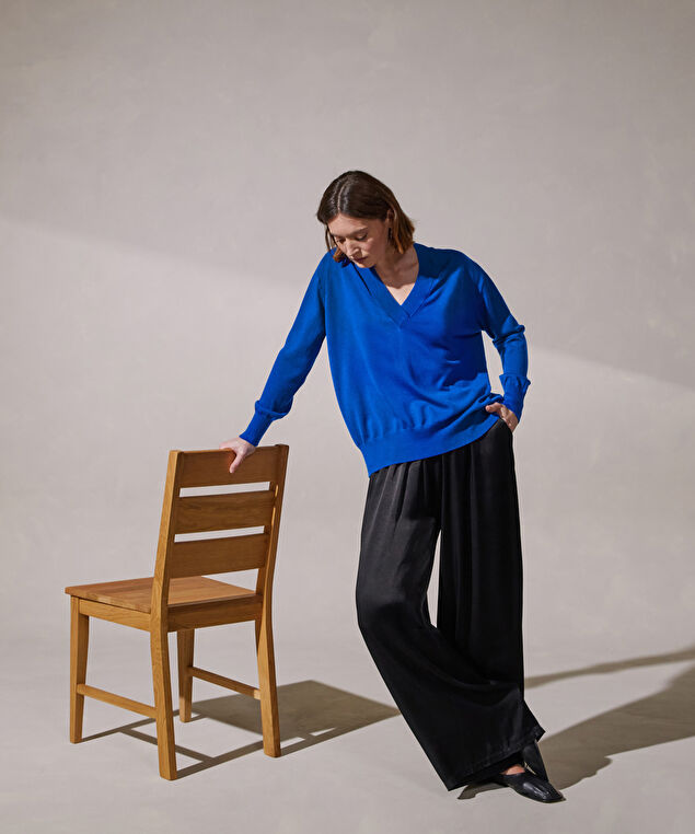 Rodier Pull Col V Oversize En Cachemire Fin Bleu Outremer