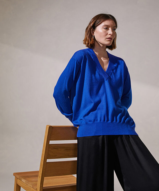 Rodier Pull Col V Oversize En Cachemire Fin Bleu Outremer