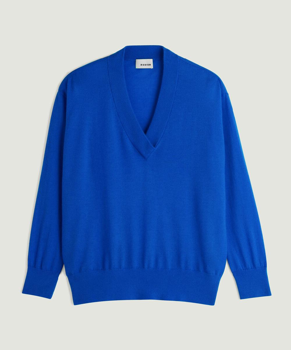 rodier Pull col V oversize en cachemire fin bleu outremer