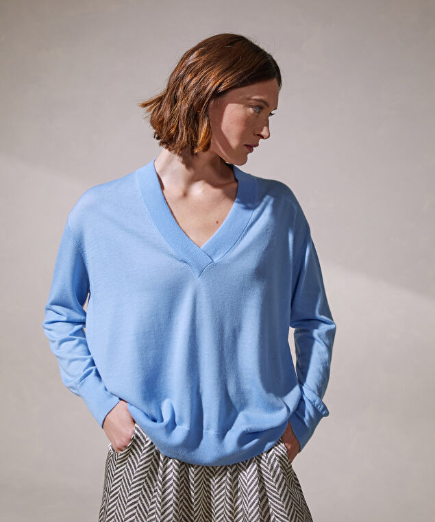 Rodier Pull Col V Oversize En Cachemire Fin Bleu Pâle